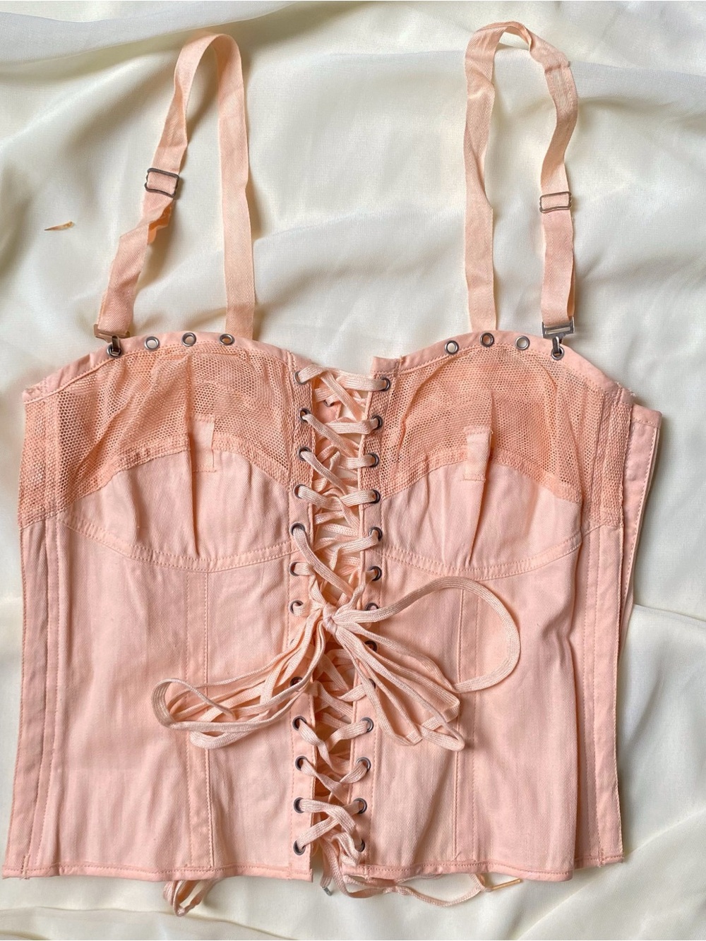 Vintage 1950s 60s Peach Merry Widow Bustier Corset Lace Up Boned Coquette Pinup - Picture 2 of 7